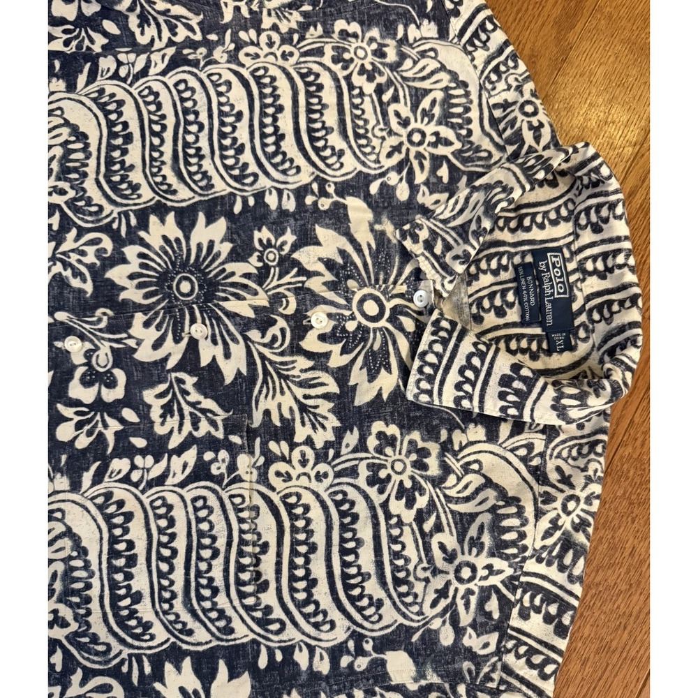 Polo Ralph Lauren Shirt Bonnard Mens XL Navy Blue Floral Paisley Linen Cotton